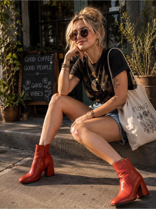 Poetry Shoes - Women’s Poetry Brown Ankle Boot w/gold Accents Square Toe & Chunky Block Heel 10